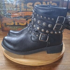 Italina Black Studded Moto Biker Boots Women EU 39 Faux Leather Buckle Punk